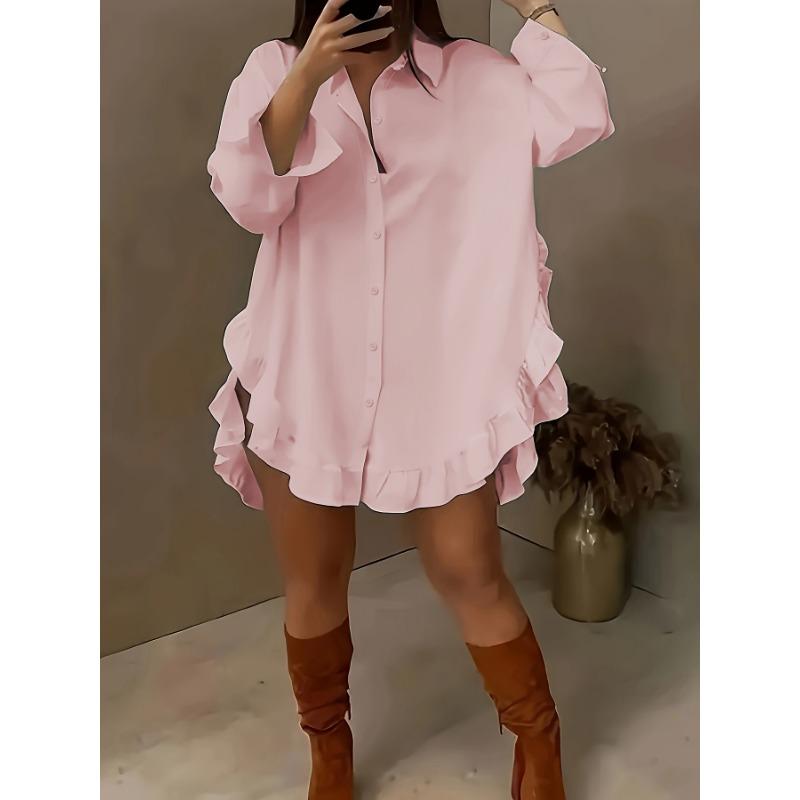 Women's Fashion Casual Spring Fall Solid Color Print Long Sleeve POLO Neck Ruffled Edge Blouses & Shirts