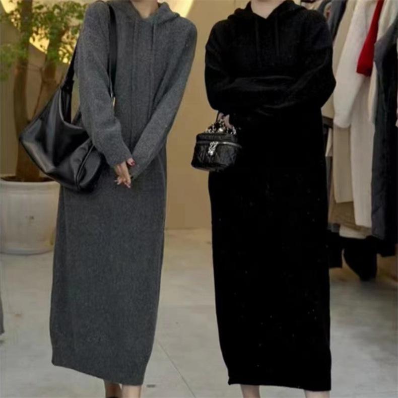 Solid color temperament gentle wind fashion knitted primer dress women's red atmosphere bright silk hooded sweater long dress