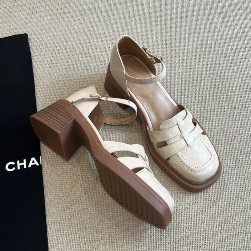 

Повседневная версия ретро бежевые римские сандалии с сумкой на голову, французские ретро летние новые туфли на толстом каблуке, женские 40