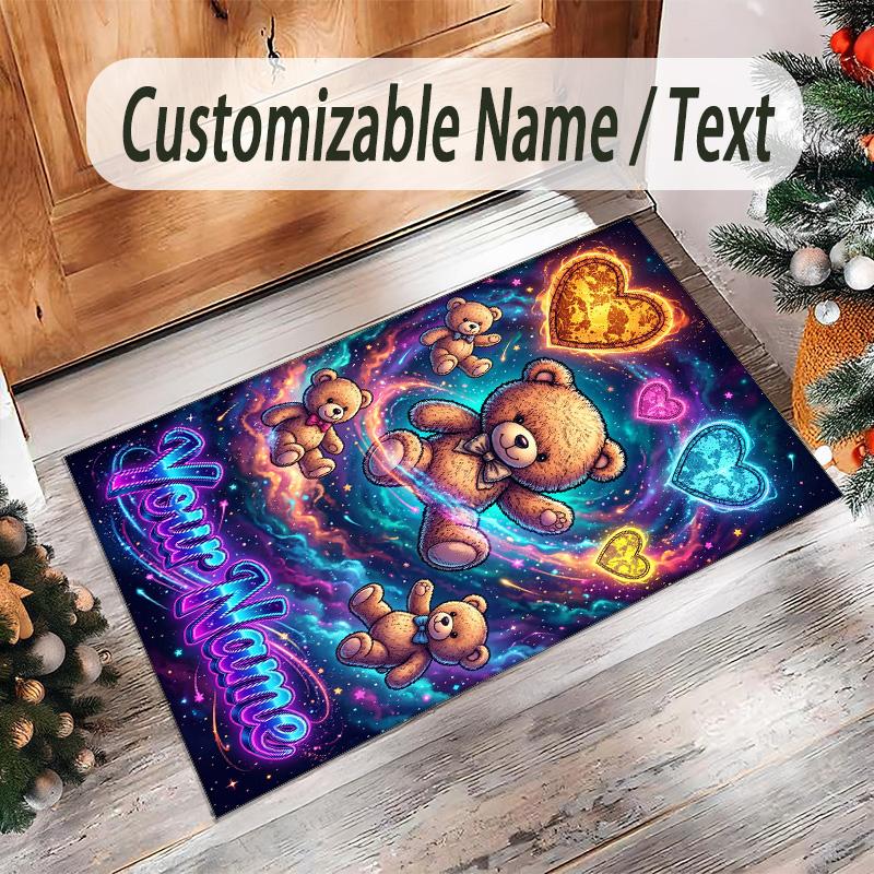 Teddy Bear Theme Crystal Velvet Rug Personalized Custom Name Text Soft Floor Mat Home Decor