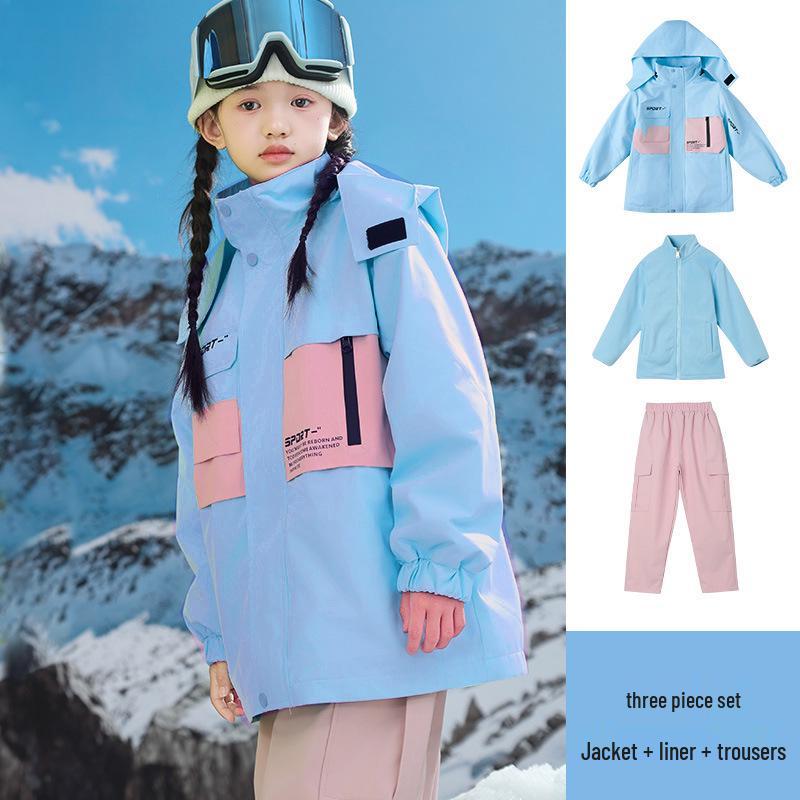 Kids' Thickened Ski Suit Set: Warm DuPont, Three-Proof Mountaineering Jacket for Boys & Girls, Primary School Students, Three-Piece.