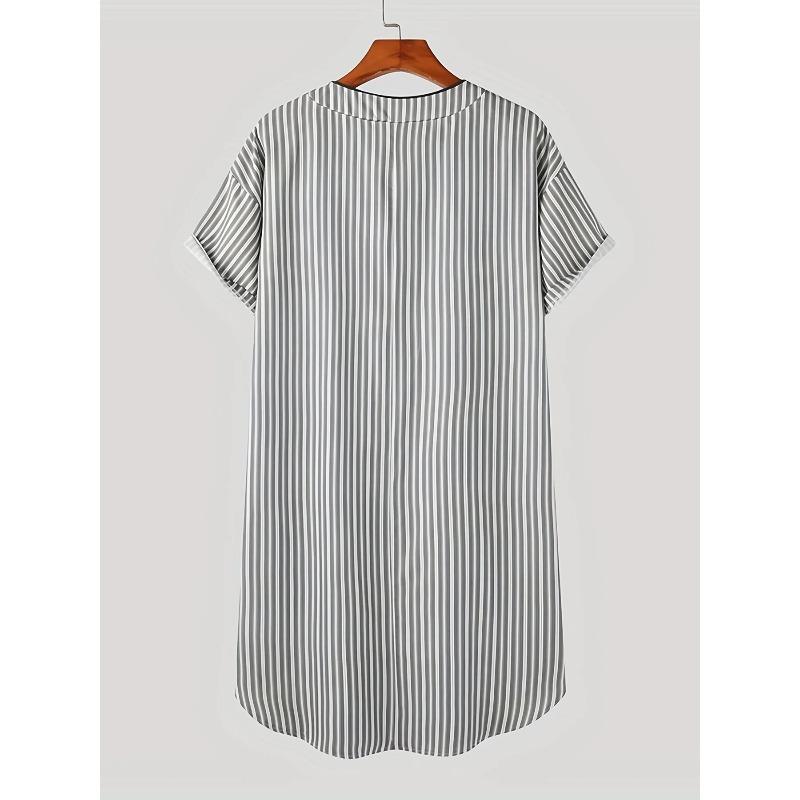 Men Casual Short Sleeve V-neck One-piece Striped Nightgown Leisure Loose Bathrobe Comfortable Homewear