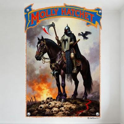 Letrero Metálico de Lata Molly Hatchet Caballero a Caballo, Decoración de Pared Arte de Álbum de Rock de Fantasía Oscura, Escena de Batalla Medieval con Fuego de Calavera