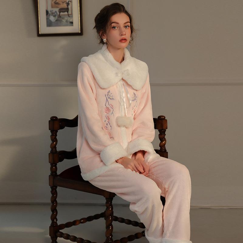 Women’s Plush Sleeping Suits Sexy Thick Velvet Embroidered Outer Robe and Pants Lounge Pajamas Comfortable Clothing