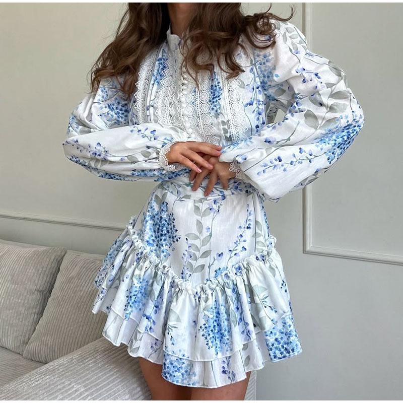Ladies' Printed Stand Up Collar Bubble Sleeve Long Sleeved Ruffle Edge Short Skirt Casual Slim Fit Dress Blue Print Summer New Collection Waist Dress
