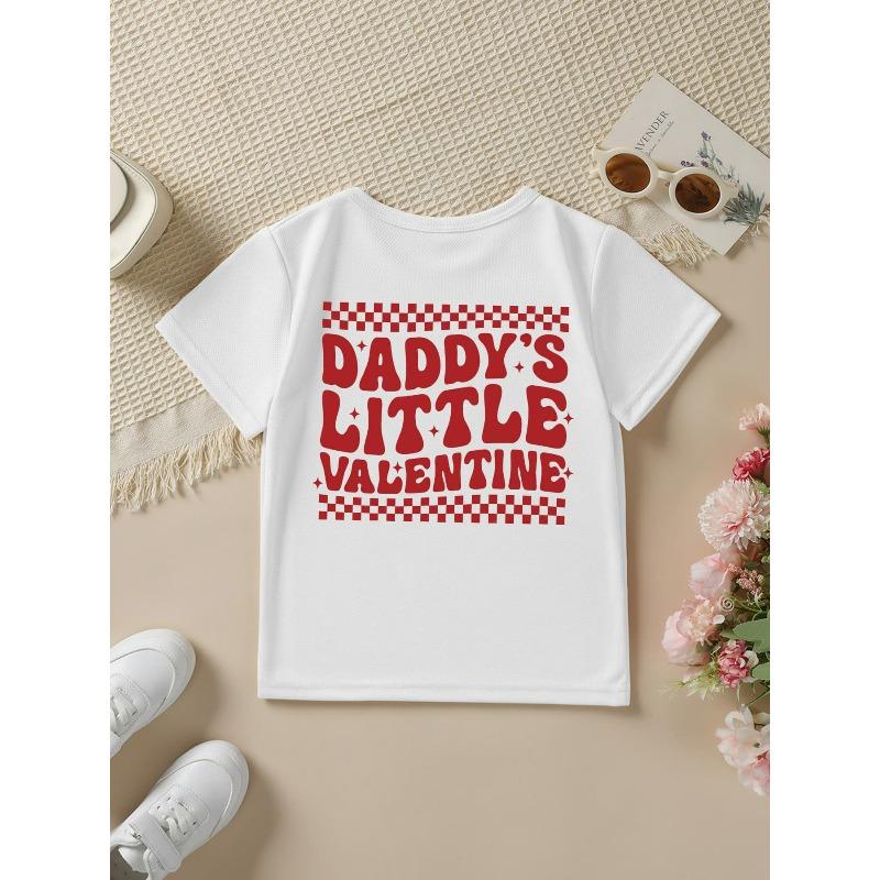 Mărimi europene Fete Modă de vară Tricou cu mânecă scurtă DADDYS LITTLE VALENTINE Imprimeu desen animat carouri și ochi de inimă Gât rotund casual