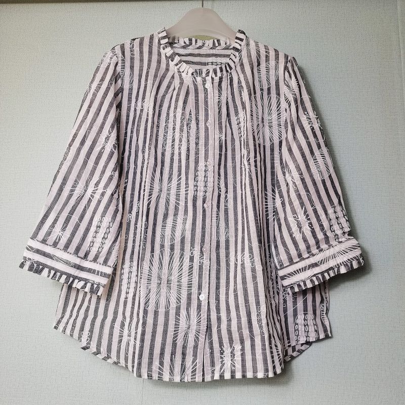 Leftover Stock Pure Cotton Stand Collar Open Shirt Women's Three-Quarter Sleeve Casual Easiest for Match Stringy Selvedge Shirt Sun Protection Summer