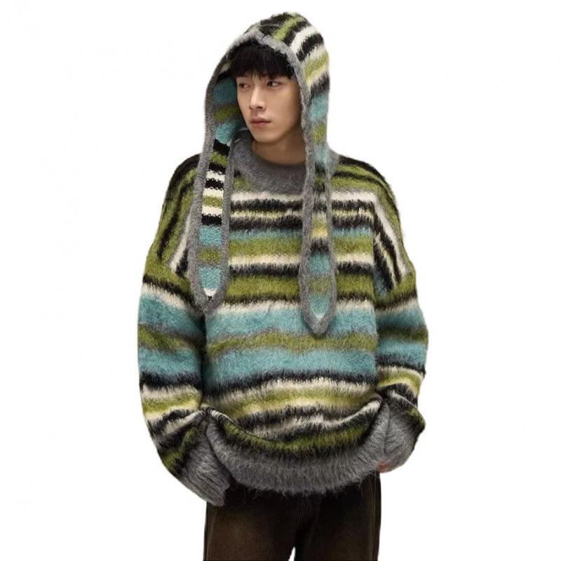 

European Plus-Size Striped Mink Velvet Knit Sweater with Hood - Men s Soft and Stylish for Autumn and Winter M EU (XL China)