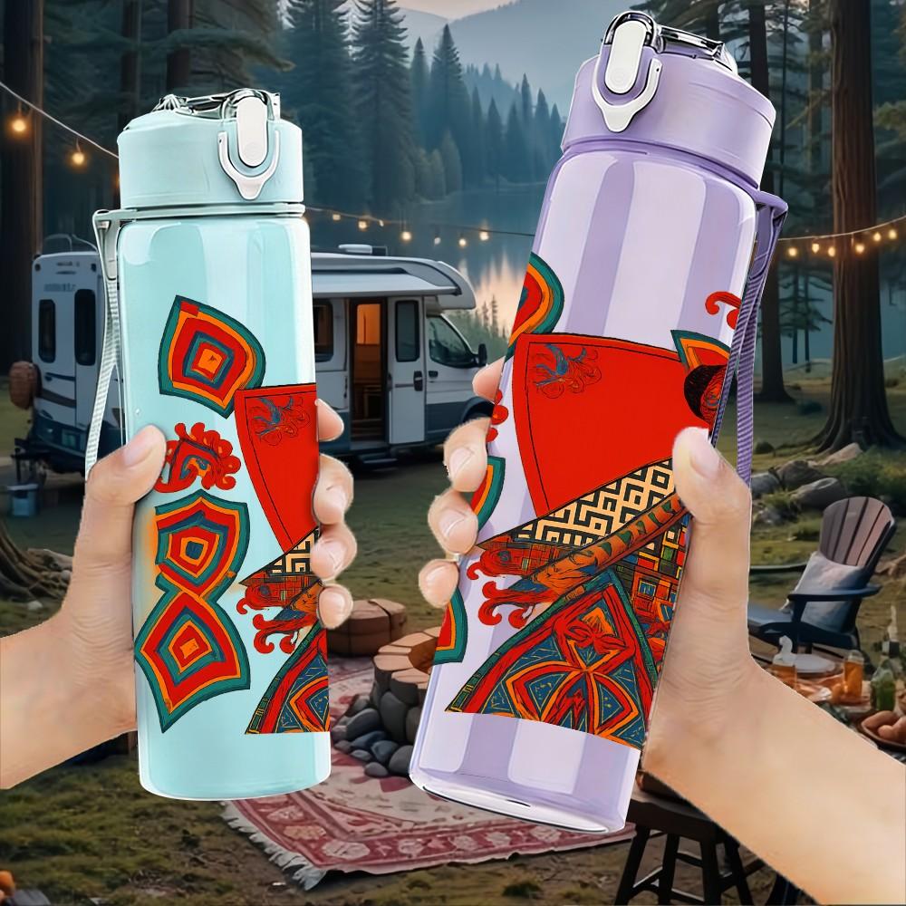 1PC Folk Style Bird Floral Frame 750ml Color Plastic Sports Water Bottle Leakproof Flip Straw Lid For Sports Office Home Use