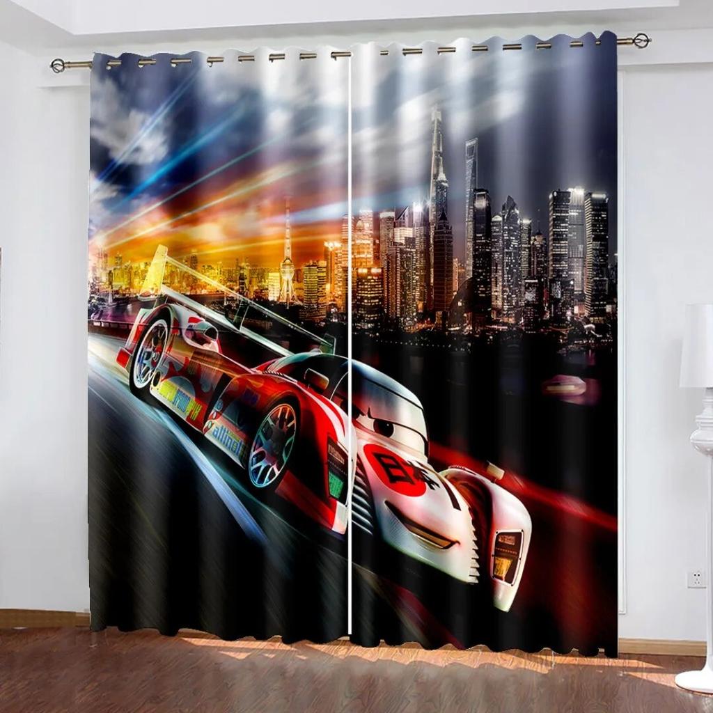 3D Trendy City Sports Car Scenery 3D Printing Semi Sunshade Window Curtain Polyester Fabric For Bedroom Hook Accessories  2pcs
