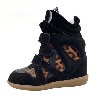 Chaussures à talon compensé pour femme Baskets épaisses Montantes Plateforme Fermeture à scratch Cuir suédé Bottines Cheville Chaussures de marche décontractées 7cm