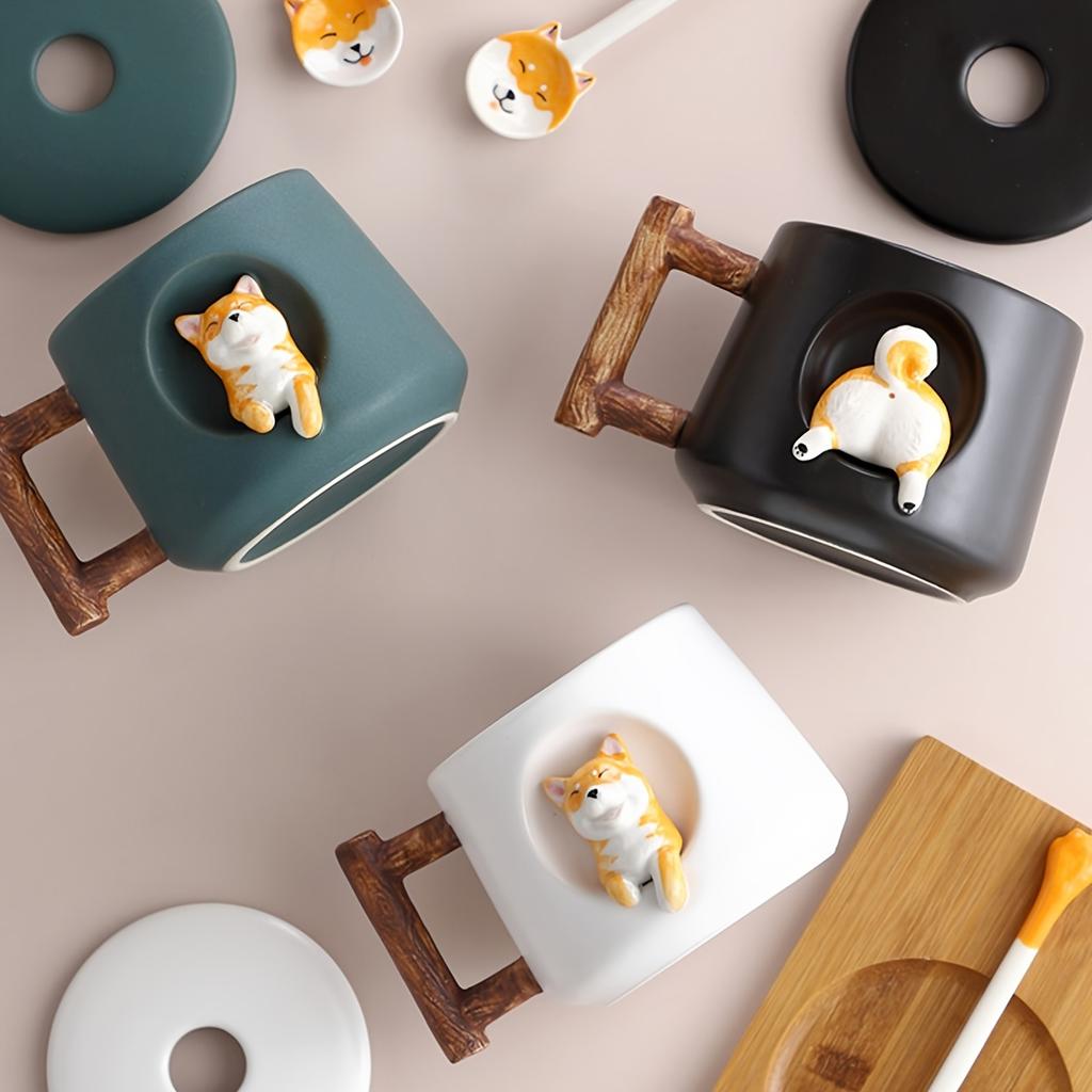 3D-Kaffeetasse mit süßer Hundestatue mit Deckel und Löffel, Teetassen mit 14,2 Unzen Keramikgriff, bemalte lustige Welpenfiguren-Tassen, Geburtstagsgeschenke, Trinkbecher