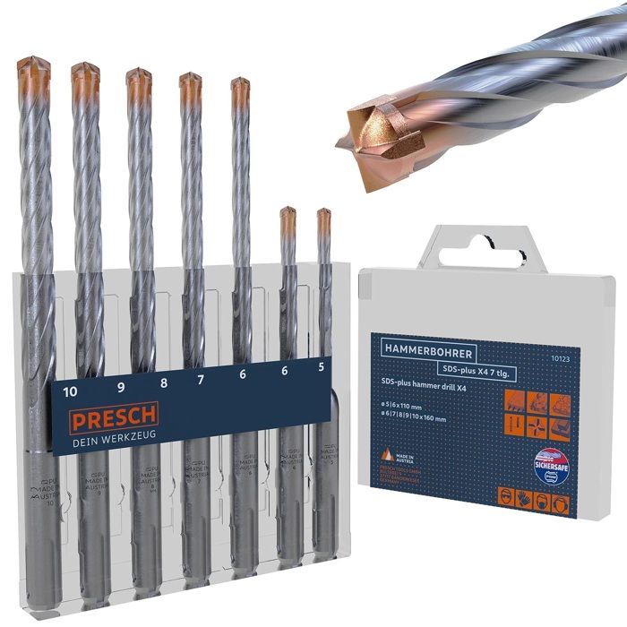 Presch Set di punte SDS-plus X4 in carburo - 7 pezzi Punta per cemento armato con 4 taglienti