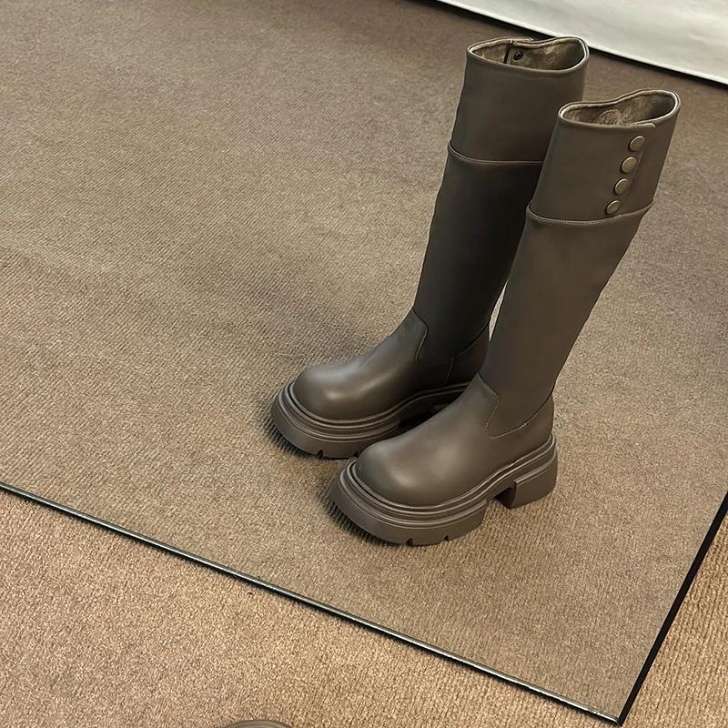 

Женские сапоги на платформе до колена, модные длинные сапоги-ботильоны на высоком квадратном каблуке, обувь на осень-зиму 35