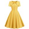 Retro Women Dress Turn-down Collar Shortn Sleeves A-line Big Swing Buttons Slim Fit Solid Color 50s Ball Prom Midi Dress