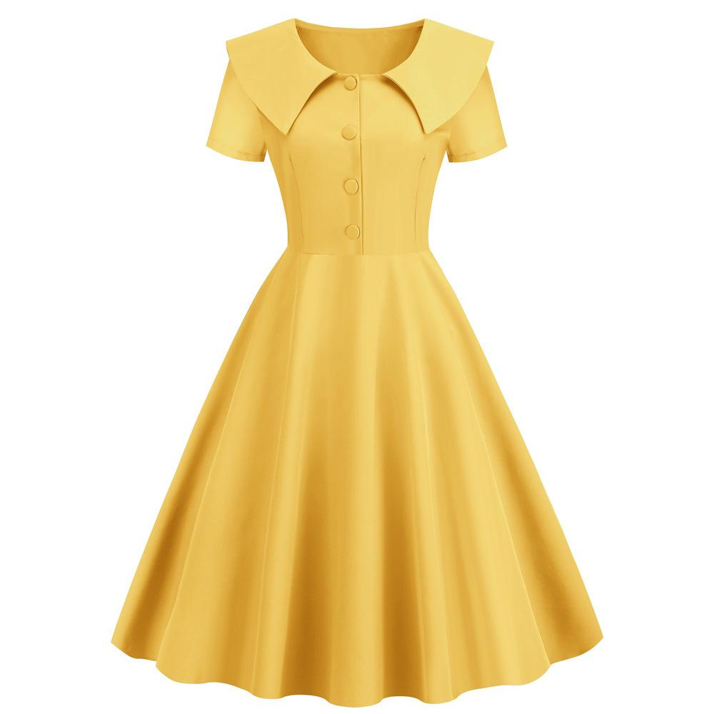 Retro Women Dress Turn-down Collar Shortn Sleeves A-line Big Swing Buttons Slim Fit Solid Color 50s Ball Prom Midi Dress