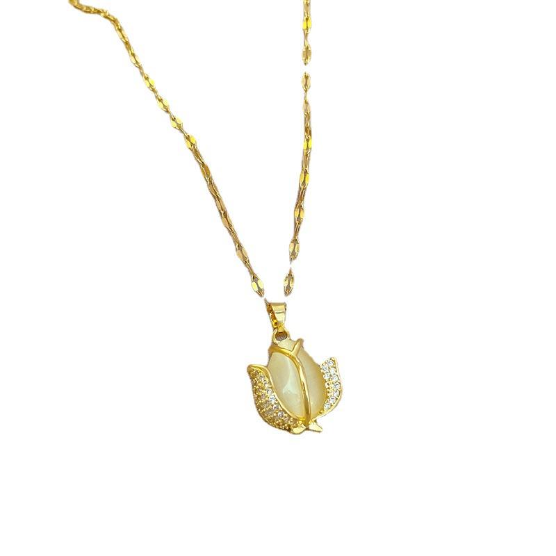 Titanium Steel Light Luxury Opal Tulip Inlaid With Real Gold Necklace Women'S Transfer Collarbone Chain With Jewelry