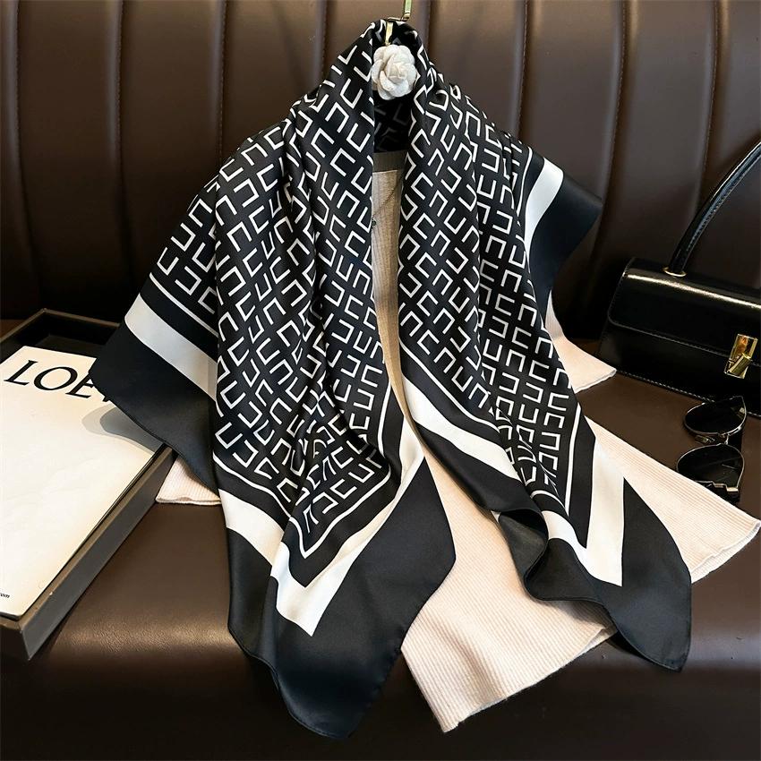 1 pcs 90cm twill scarf solid color lettered printed silk scarf simple large square sunblock shawl Russian headscarf