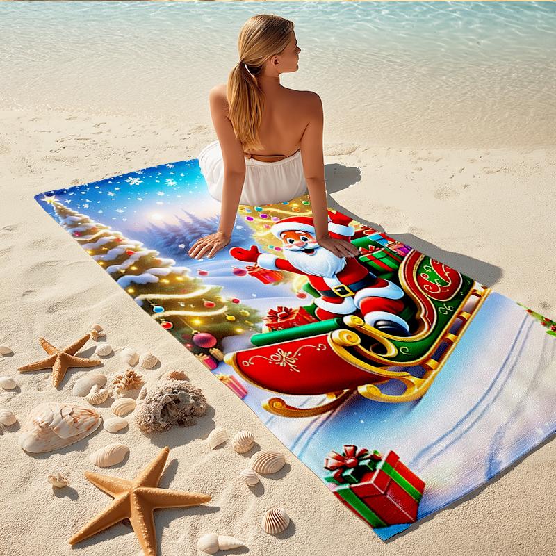 1Pc Santa Claus Through Snow Beach Towel, Quick Dry, Multi-Use for Beach Pool Gym Yoga Home Travel, Christmas, Halloween, Xmas Gift S239