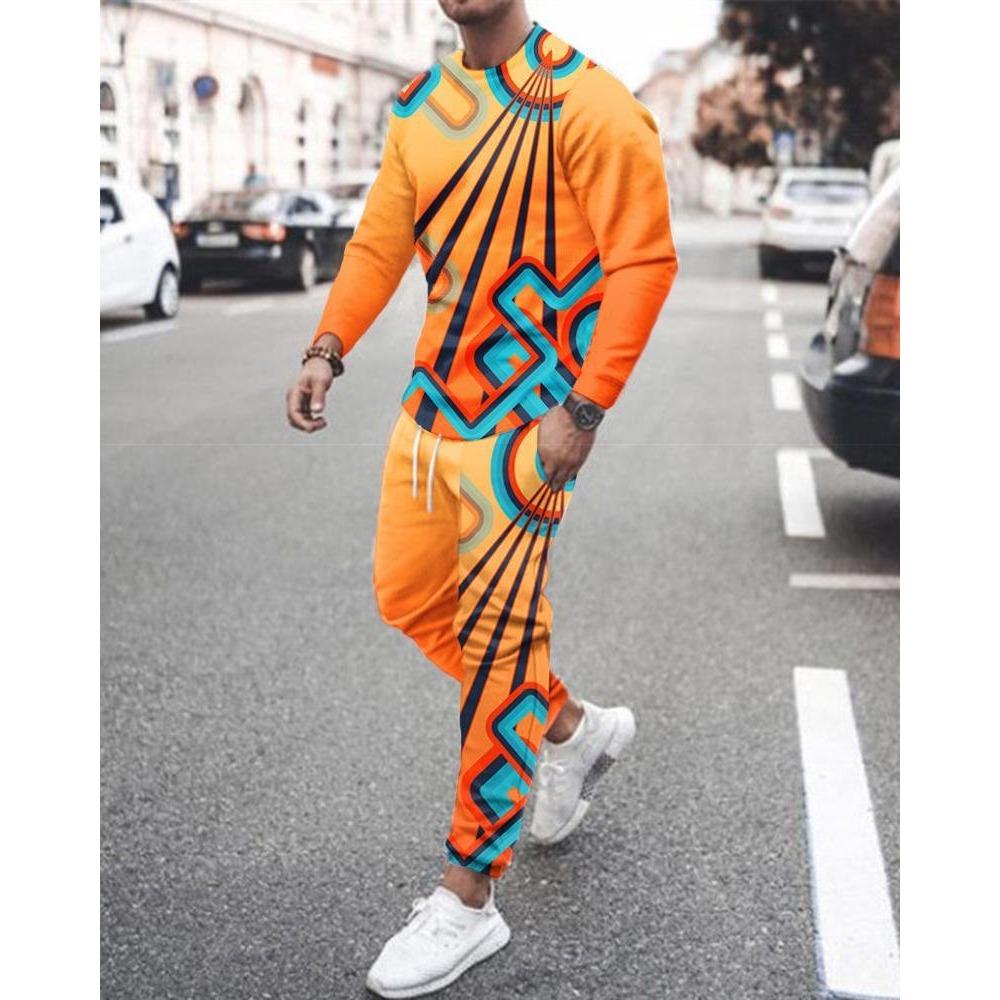New Men's Long Sleeve T-Shirts Sets Abstract Pattern 3D Print Sports T-Shirt Pants Suit Fashion Tracksuit 2-Piece Jogger Outfits