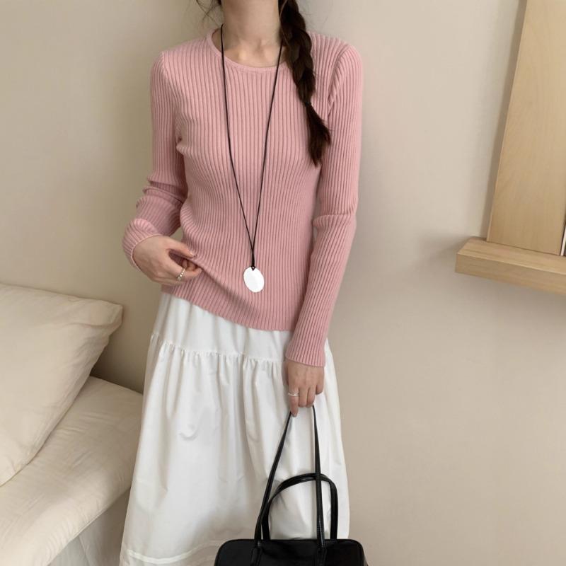 Crew neck back bow design sense knitted bottoming shirt autumn and winter new slim and thin sweater inner women
