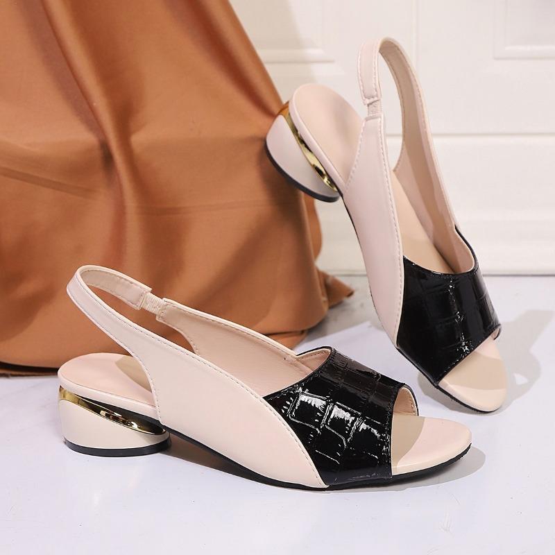 New cool slippers wear soft leather fish mouth sandals women's medium heel thick heel single shoes large size