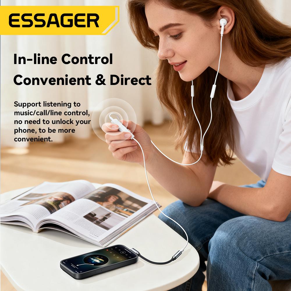 Essager L-shape 3.5mm Headphone Adapter - 90 Degree Audio Cable, Type C / Lightning To Jack Earphone Converter for iPhone 17 16 15 14, Samsung & iPad