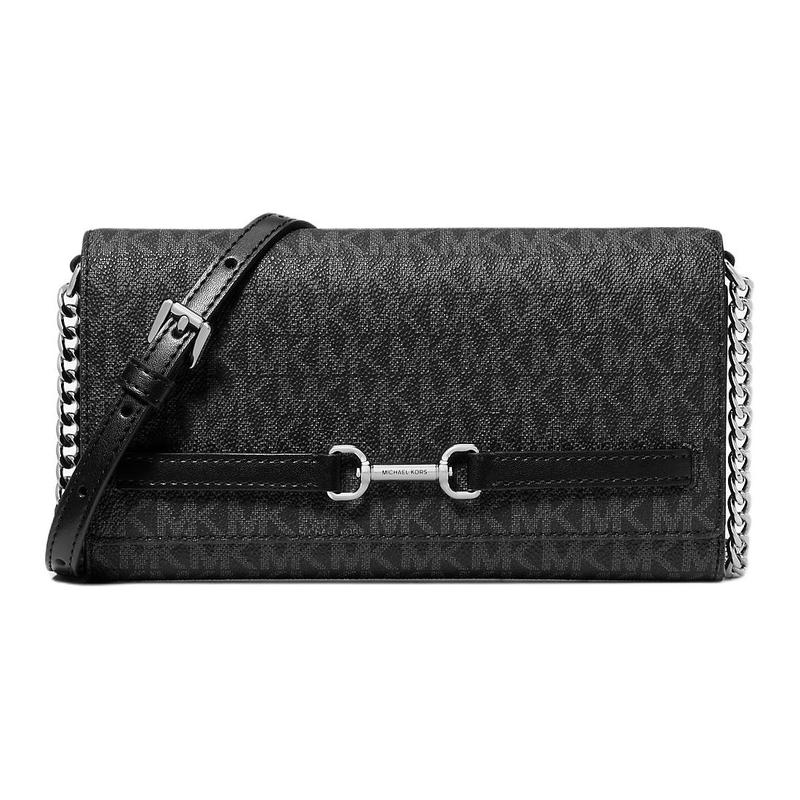 MICHAEL KORS Logo Print Silver Hardware Canvas Faux Leather Crossbody Bag Large Women s Black чёрный