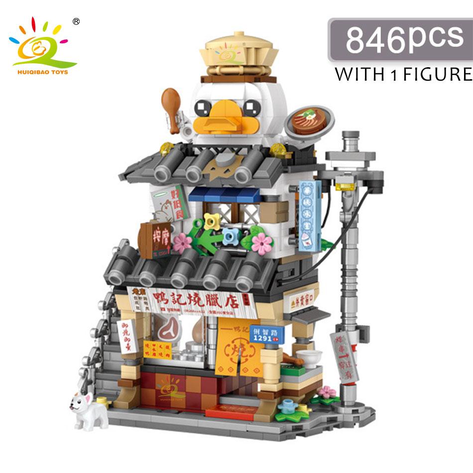

HUIQIBAO City Mini Chinese Street View Gourmet Shop Micro Building Blocks Set Seafood Restaurant DIY Bricks Toys For Children No Box