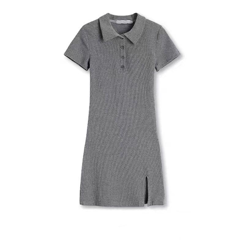 

Spring/Summer Women s Polo Collar Bodycon Dress - Versatile Sweet Spicy Girl Style with Slit S (70-90 Jin) серый