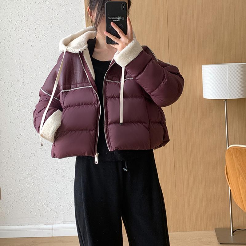 90 white duck down PU splicing down jacket women's 2024 winter new light luxury atmospheric loose sweater warm jacket tide