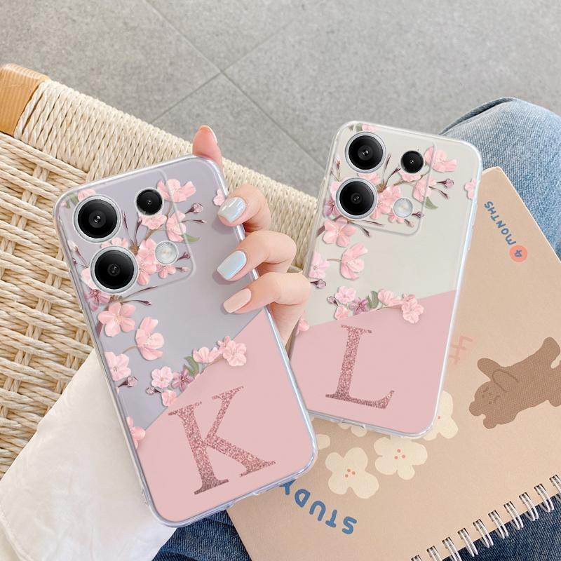 English Letter Flower Soft Clear Silicone Case For Redmi Note 13 Pro 13C 14C 14T Xiaomi 14 Poco C65 M6 Pro F6 Pro Camera Protective Shockproof Cover