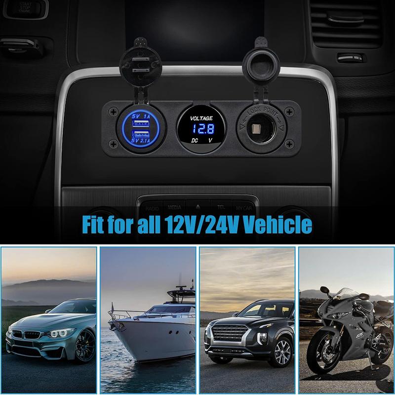 12-24V Cigarette Lighter Socket Splitter 3 in1 Waterproof 3.1A Dual USB Charger Socket Panel LED Voltmeter for Car Boat Truck
