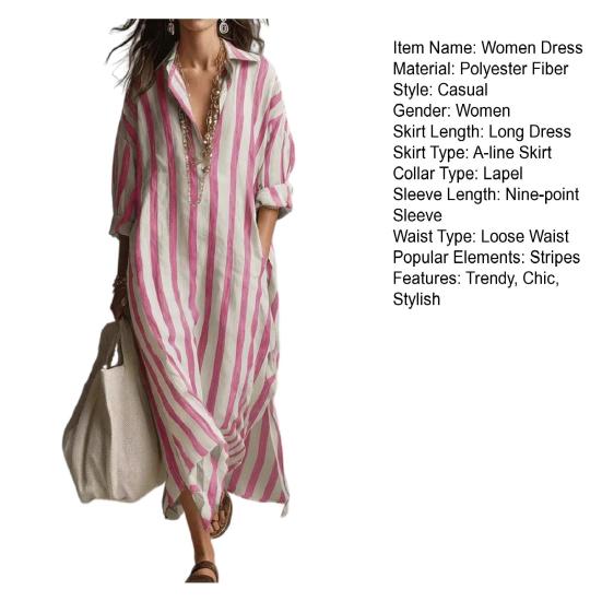 שמלת חולצה רפויה לנשים, קז'ואל, שרוול ארוך, צווארון V, פסים, שמלה ארוכה, שמלת מקסי לטיול/חופשה, עם כיסים