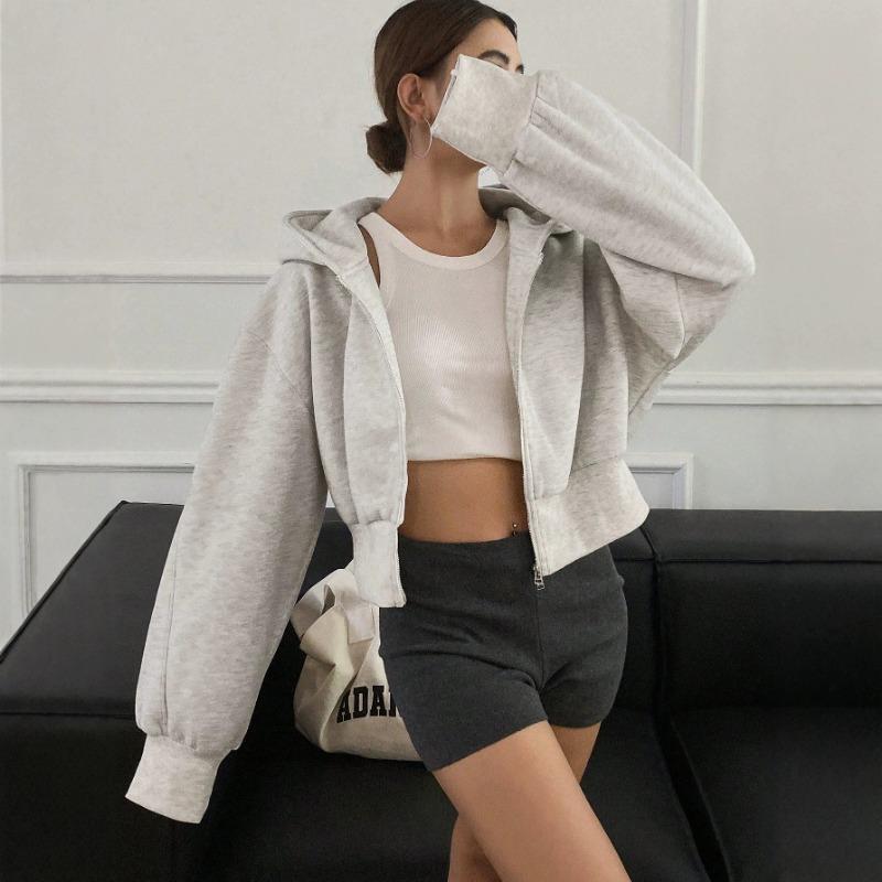 Women Short Zip Up Hooded Cardigan Batwing Sleeve Loose Streetwear Solid Color