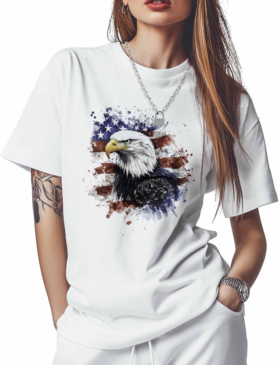

T Shirts for Women Graphic Tees Eagle Animal Crew Neck Short Sleeve Shirts for Women American Flag Casual T-Shirt 5XL різнокольоровий