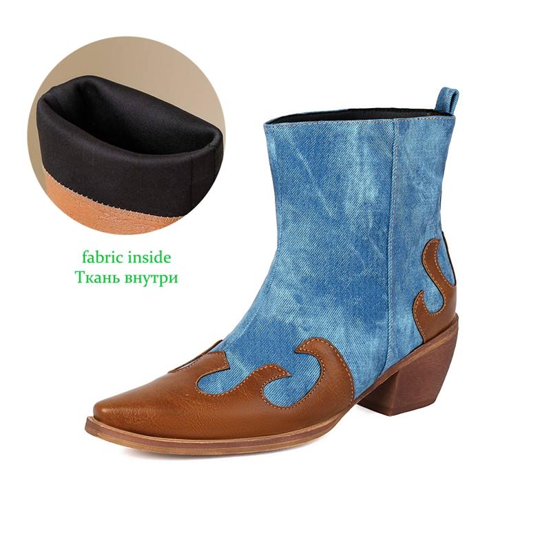 

Krazing Po Denim Winter Pointed Toe Size 33 Western Boots Size 43 Mixed Color Chunky Heels Ankle Boots 34