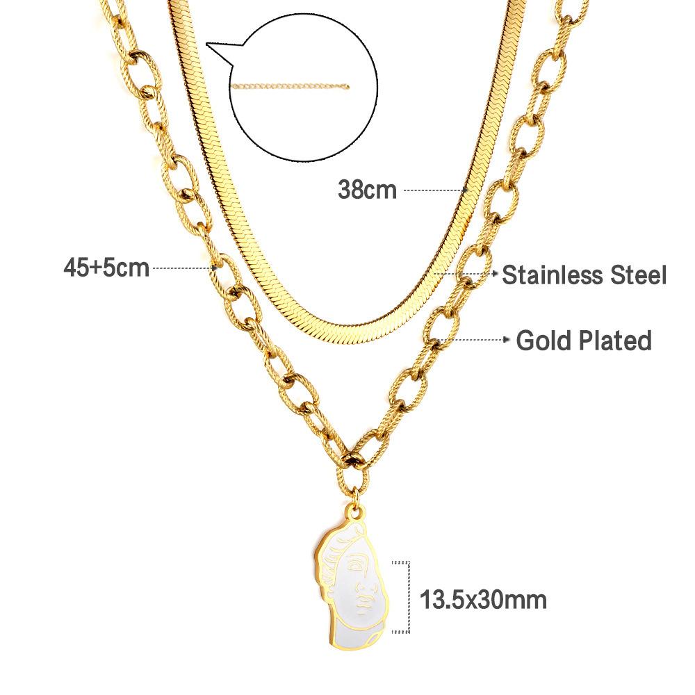 Jewelry Double Layer Stacked Collarbone Chain Dripping Oil Half Boy Pattern Pendant Necklace Stainless Steel Gold Plated Necklace