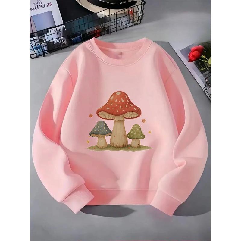 Girls' Crewneck Sweatshirt - Mushroom Forest Whimsical Pattern Print Machine Washable, Sportswear And Casual Wear, Soft And Comfortable