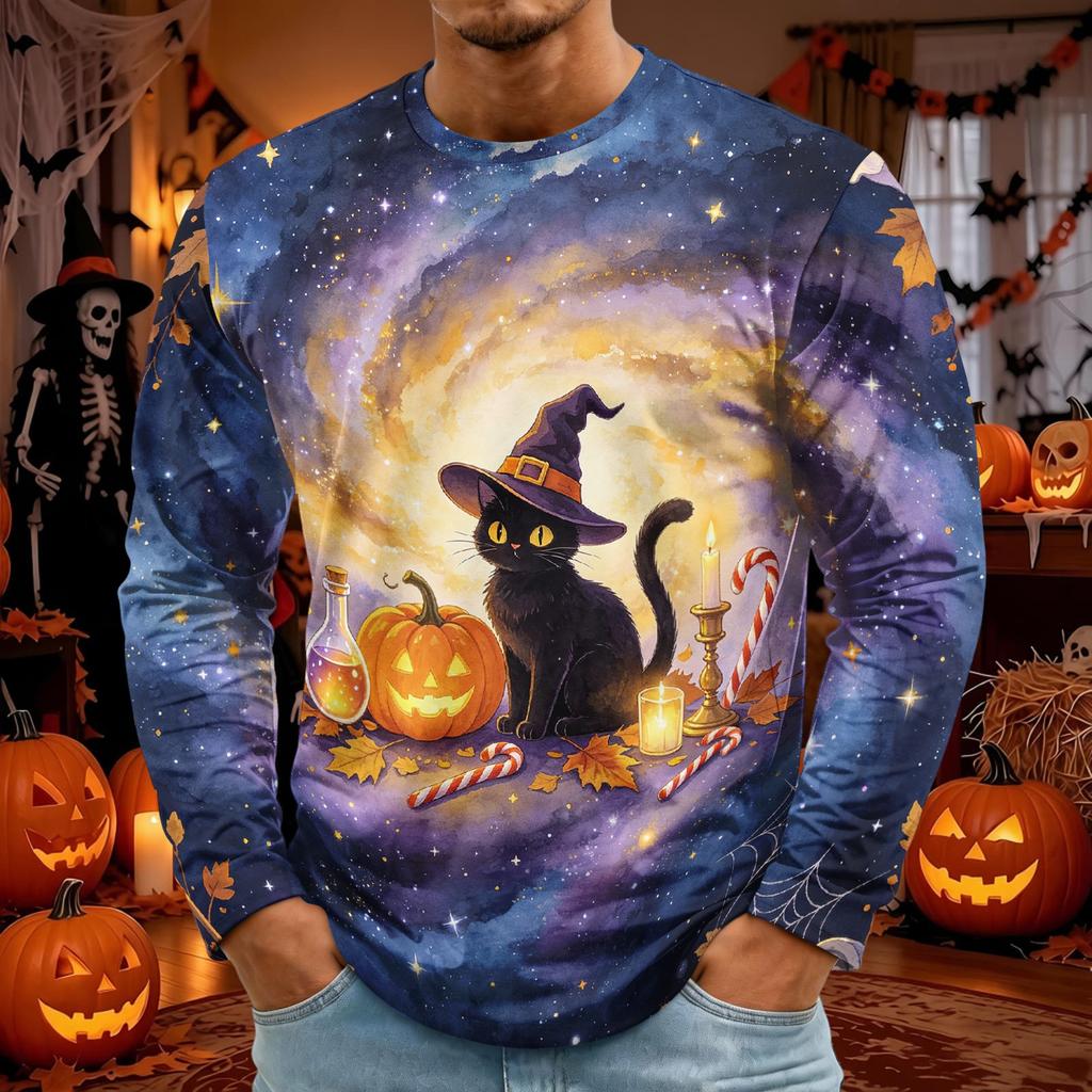 Men's Halloween Print Long Sleeve Neck T-Shirt for Party and Casual Wear