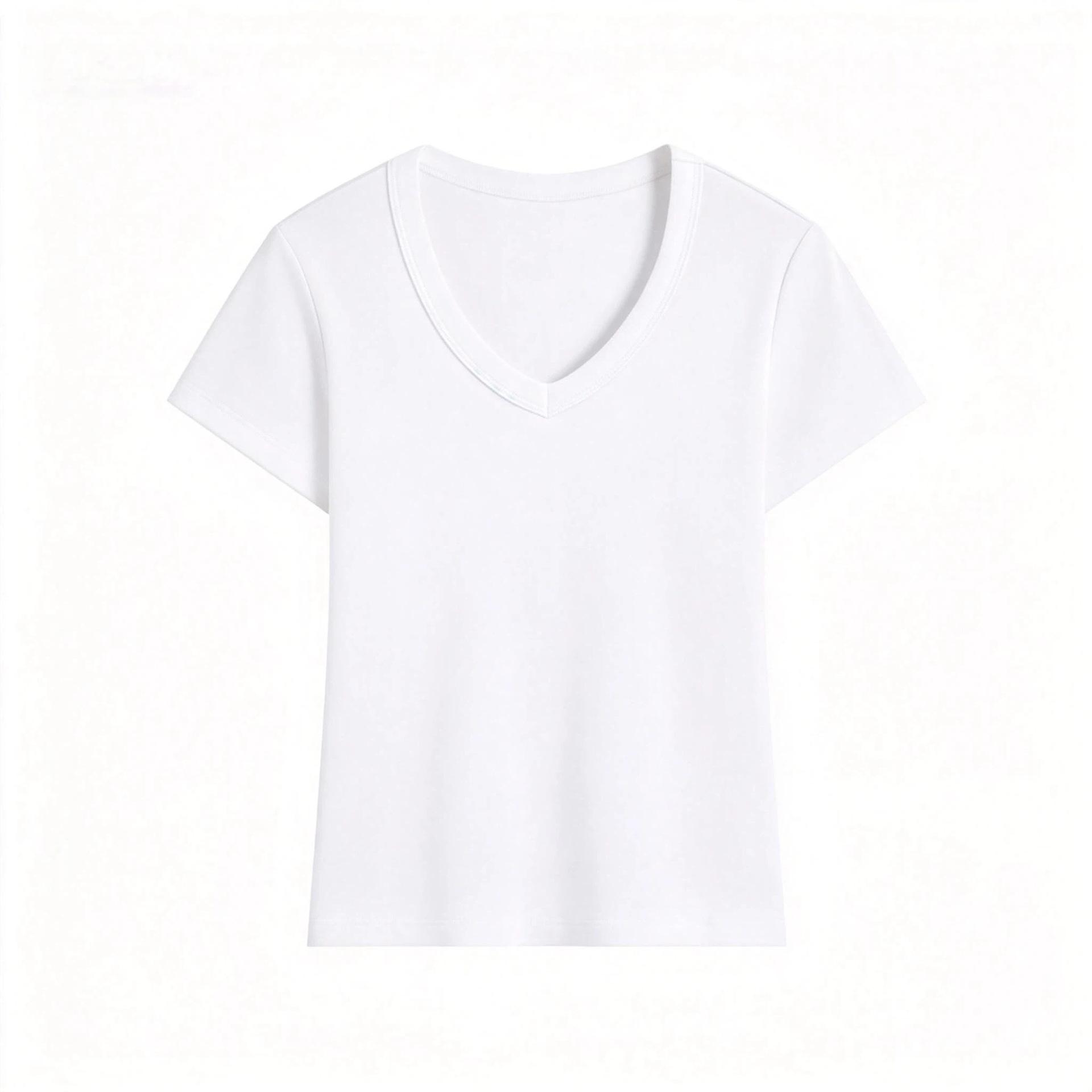 Summer Solid Color V-Neck Slim-Fit T-Shirt for Women, New Slim-Fit Round-Neck Short-Sleeve Top S белый