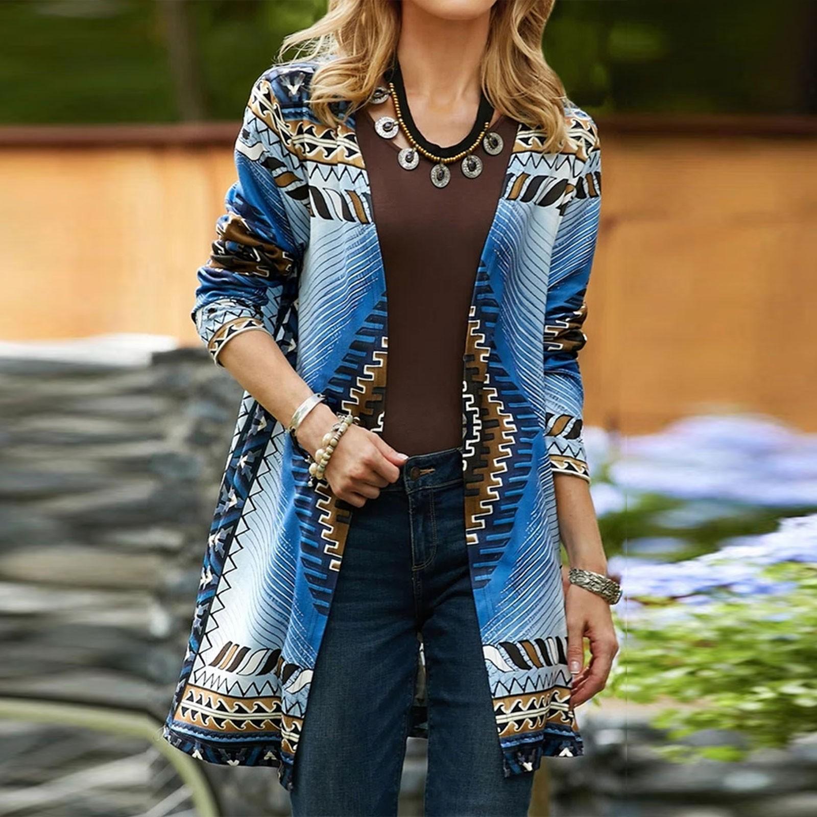

Women s Cardigan Ethnic Geometric Print Long Sleeved Casual Outerwear Top XL синий
