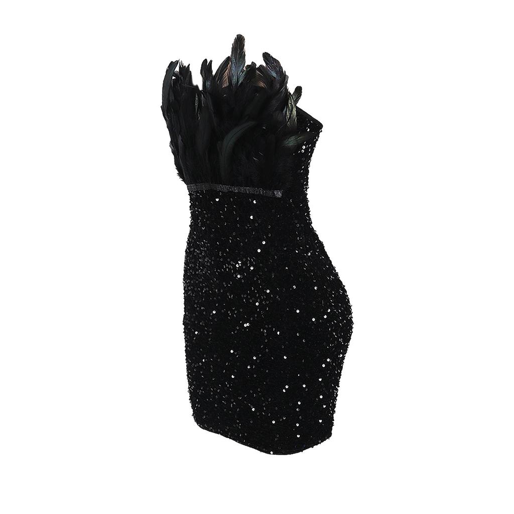 European & American Strapless Feather Sequin Bodycon Dress
