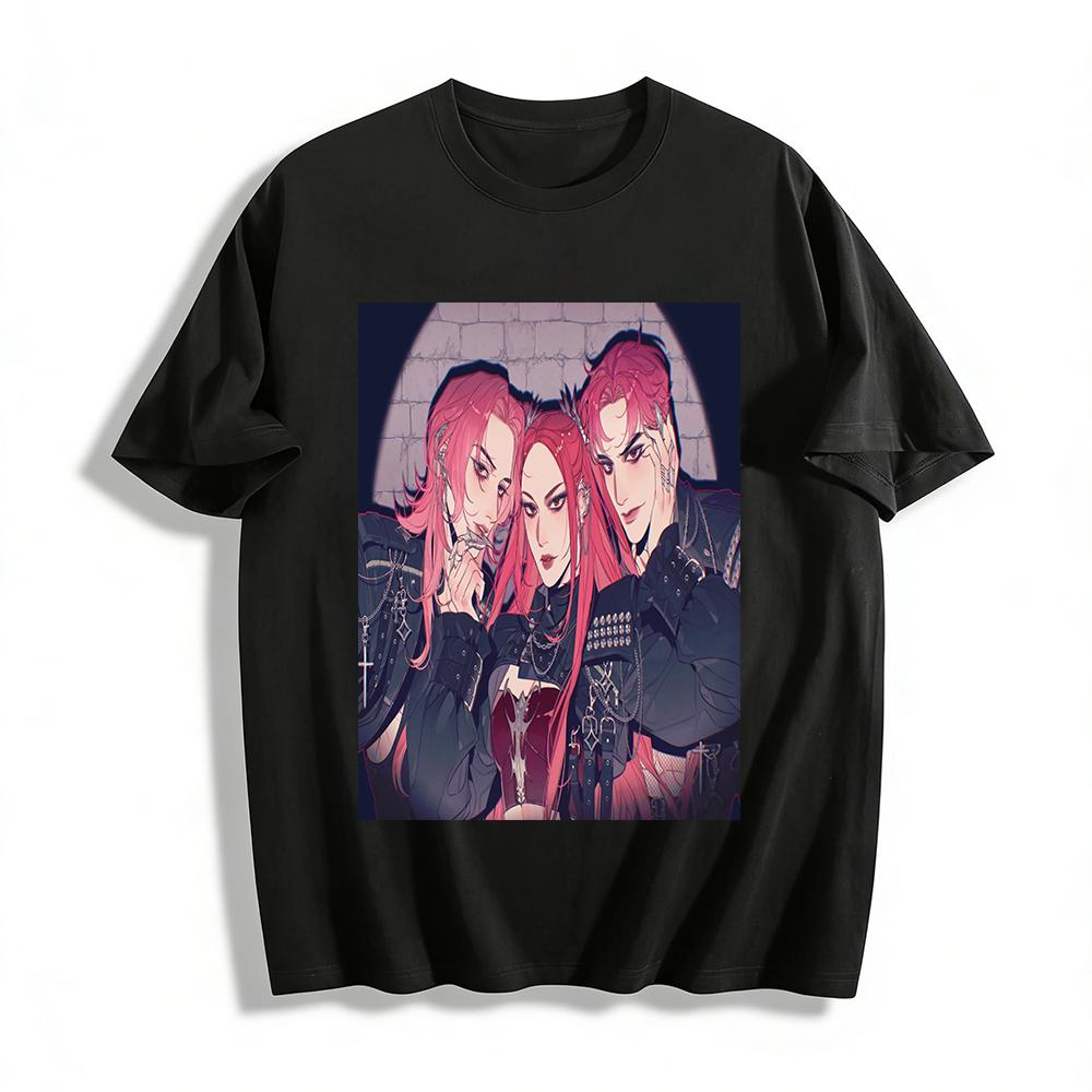 

Gothic Style Cool Pink-Haired Trio Print Tshirt Dark Punk Trendy Loose Casual Top For Men And Women Pure cotton T-shirt XXS