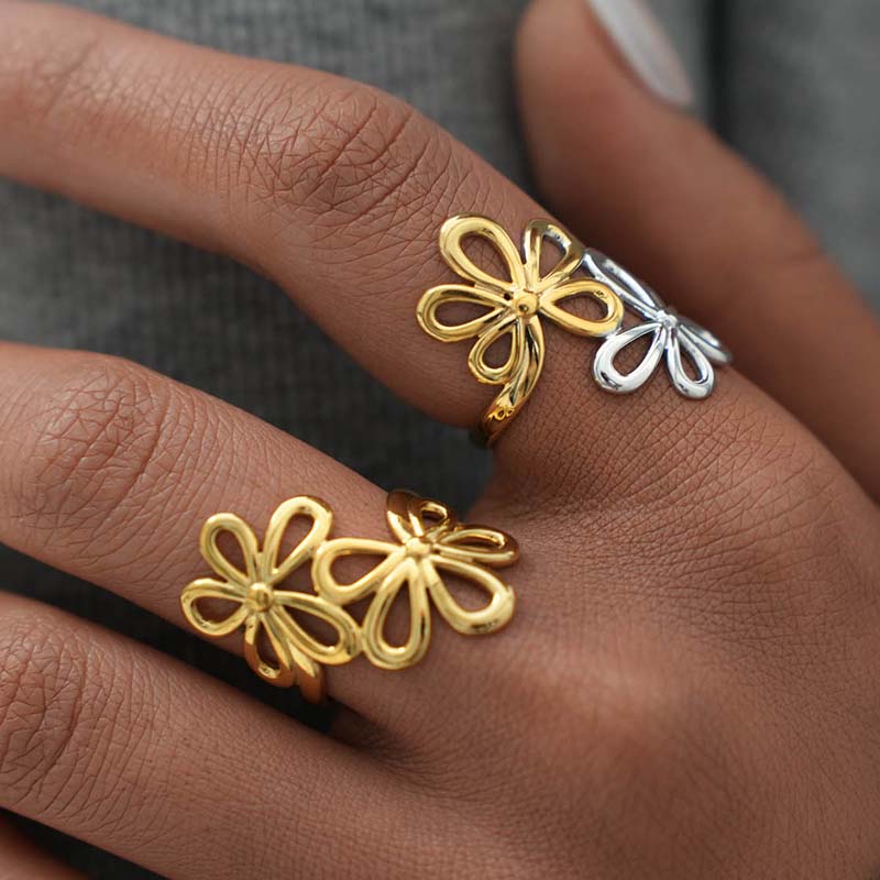 Stainless Steel Metal Hollow Flower Open Ring For Women Minimalist Gold Color Irregular Geometric Adjustable Finger Ring Jewelry