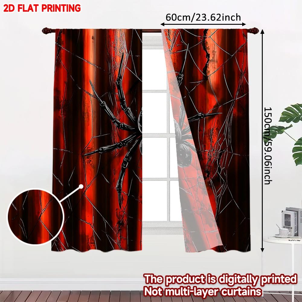 Set aus 2 Spinnennetz-Vorhängen Flach Digitaldruck Kräftiges Rot Schwarz Spinnennetz Gotisches Muster Horror-Thema Raumdekor Aus Polyester