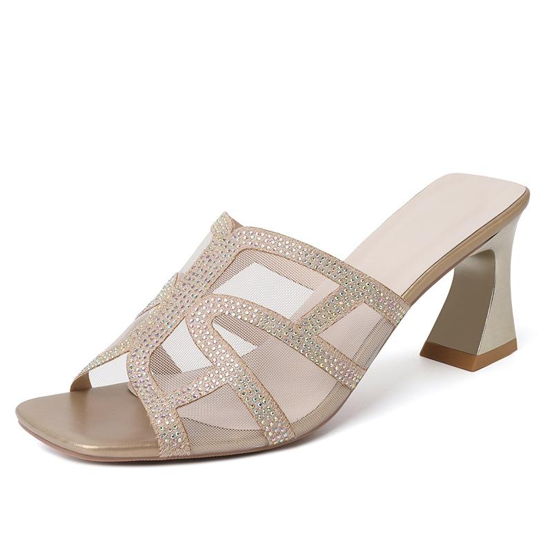 

Rhinestone sandals women s new mid-heel thick heel breathable mesh slippers in summer 2025 wear women s cool slippers 40 золотий