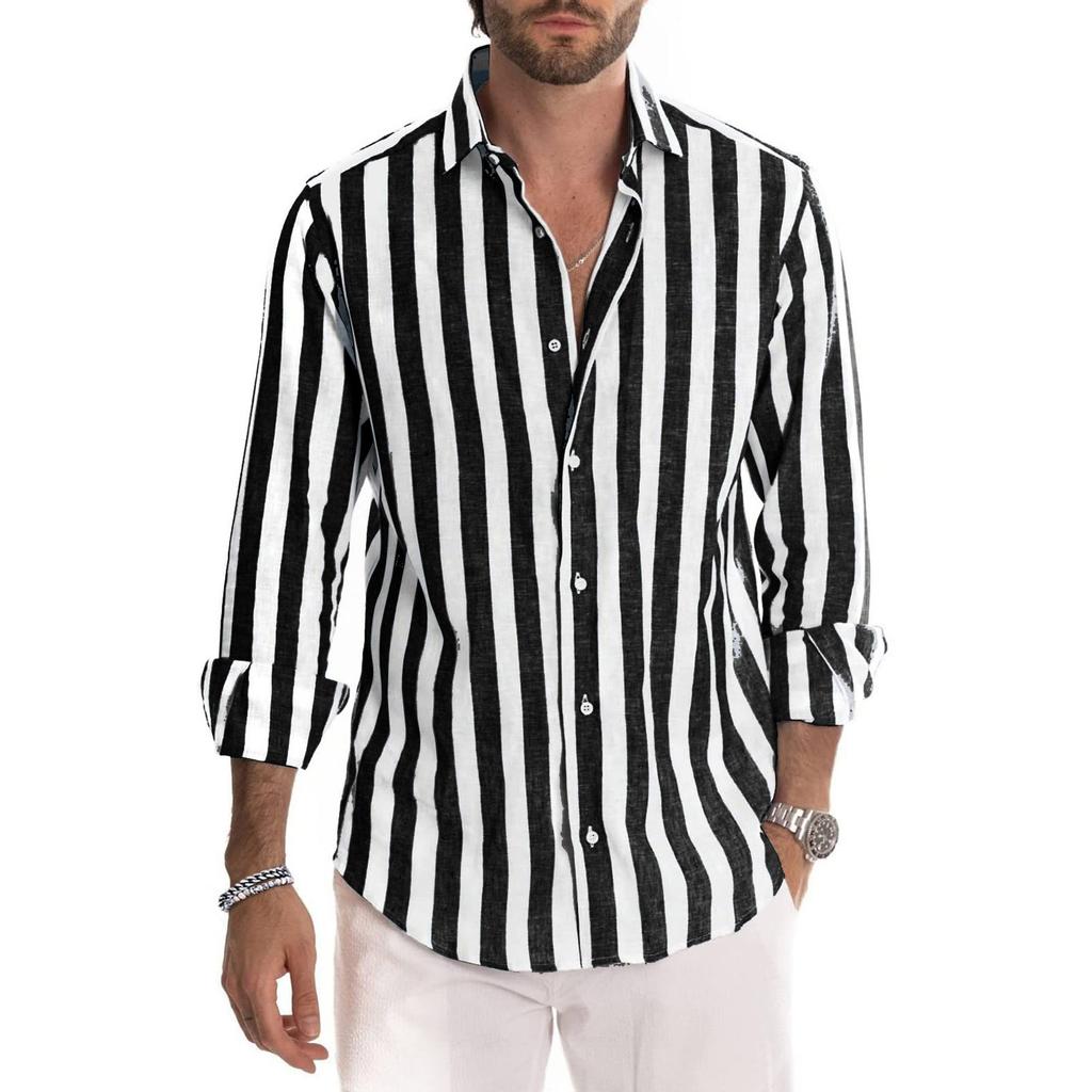 Men's Long Sleeves Flip Collar Stripes Loose Shirt