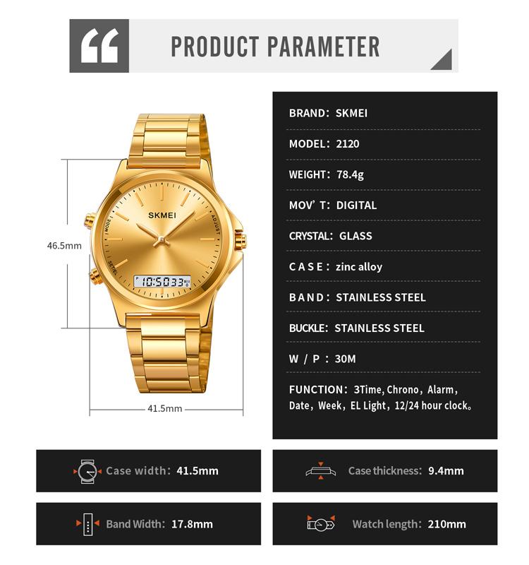 SKMEI Fashion 3 Time Back Light Display Digital Full Steel Chrono Sport Mens Waterproof Alarm Wristwatches Clock Reloj Hombre
