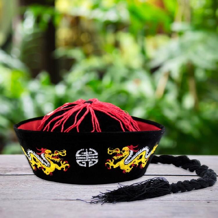Ancient Chinese Mandarin Hat with Pigtail Halloween Costume Accessories for Men Women Halloween Party Outfit Accessory